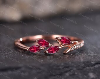 Retro Ruby Wedding Ring Natural Inspired Leaf Branch Ring July Birthstone Cluster Ruby Ring Micro Pave Promise Anniversary Ring For Women