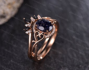 金色オーバル型リング 青色ストーン Galaxy Oval Blue Sandstone Ring Set Oval Blue Goldstone