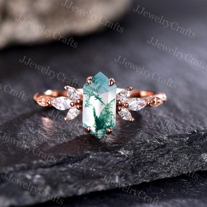 Vintage Long Hexagon Moss Agate Ring,Silver Rose Gold,Moss Agate Engagement Ring,Hexagon Cut Moissanite Cluster Ring,Anniversary Stack Ring