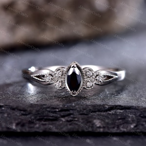 Vintage Marquise Black Spinel Ring,Silver White Gold Ring For Women,Black Onyx Engagement Ring,Marquise Cluster Ring,Anniversary Stack Ring