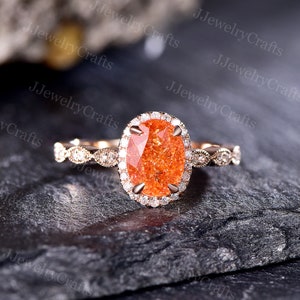 Anillo vintage de piedra solar natural, anillo de compromiso de plata y oro rosa con piedra preciosa naranja, anillo de moissanita marquesa, anillo apilable de aniversario para regalo