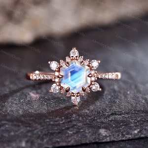 Rainbow Moonstone Engagement Ring Hexagon Cut June Birthstone Ring Cluster Moissanite Bridal Ring Snowflake Anniversary Ring Gift For Women