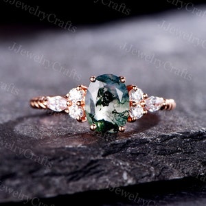 Moss Agate Engagement Ring Vintage Oval Moss Agate Bridal Ring Alternative Moissanite Cluster Ring Natural Inspired Diamond Women Stack Ring