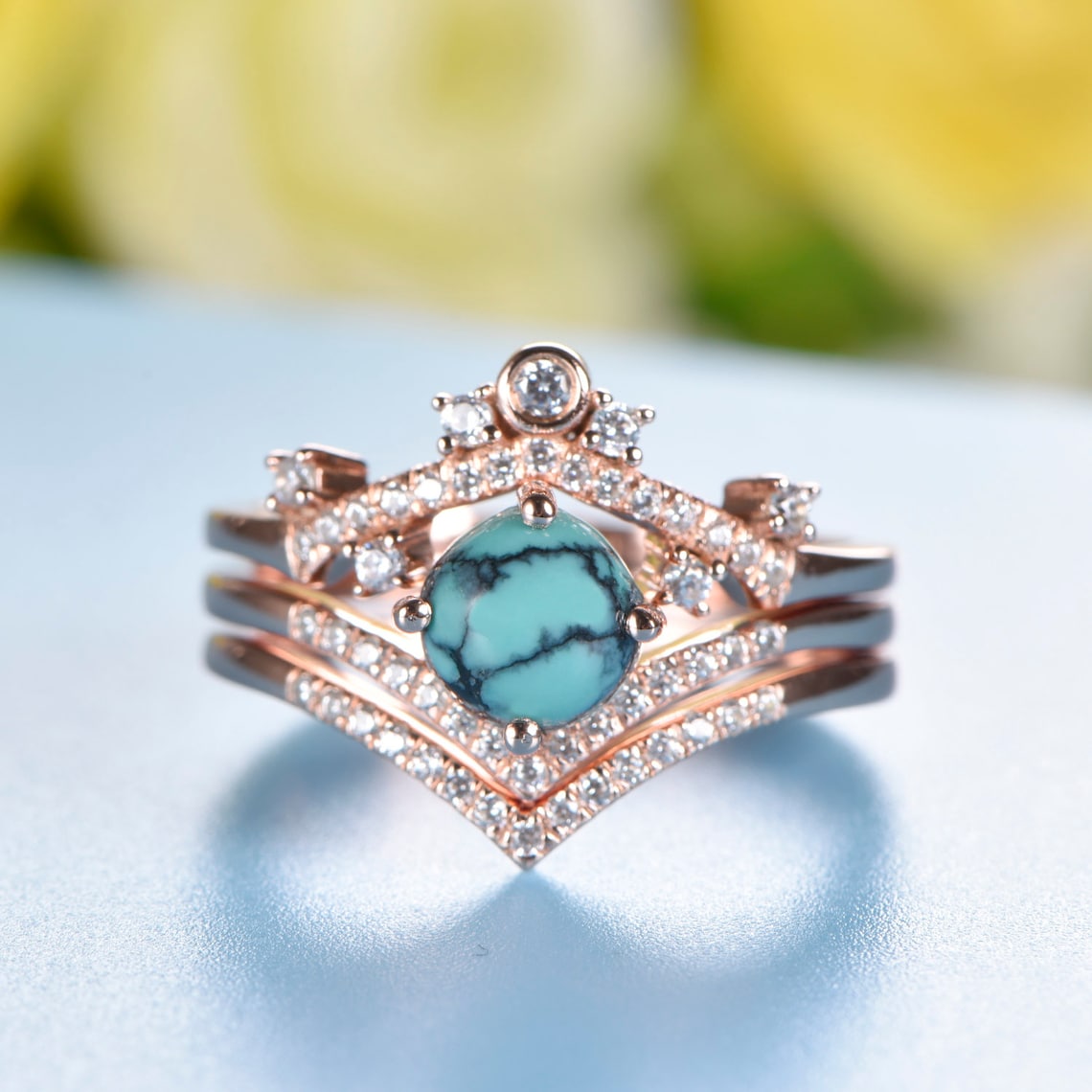 7mm Round Turquoise Engagement Ring Set 14k Rose Gold Diamond - Etsy