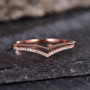 Dainty Chevron Moissanite Wedding Band Double Curved Diamond Stack Band  Milgrain Edge Moissanite Wedding Ring Silver Rose Gold Pave Ring