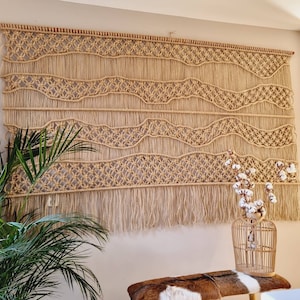 Large JUTE Macramé Wall Hanging for Acoustics Earth Tone ORGANIC Jute Sand Color with Wavy Lines Sustainable Natural Material Wall Hanging