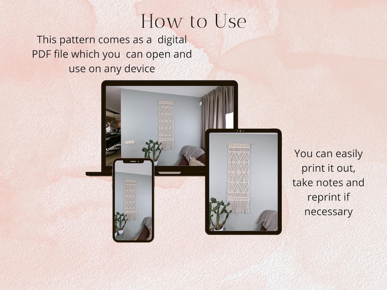 SCHEMA per arazzo in macramè - Tutorial per principianti - Crea un arazzo in macramè fai da te - Scarica il PDF - Schema di decorazione murale con nodi e istruzioni immagine 2
