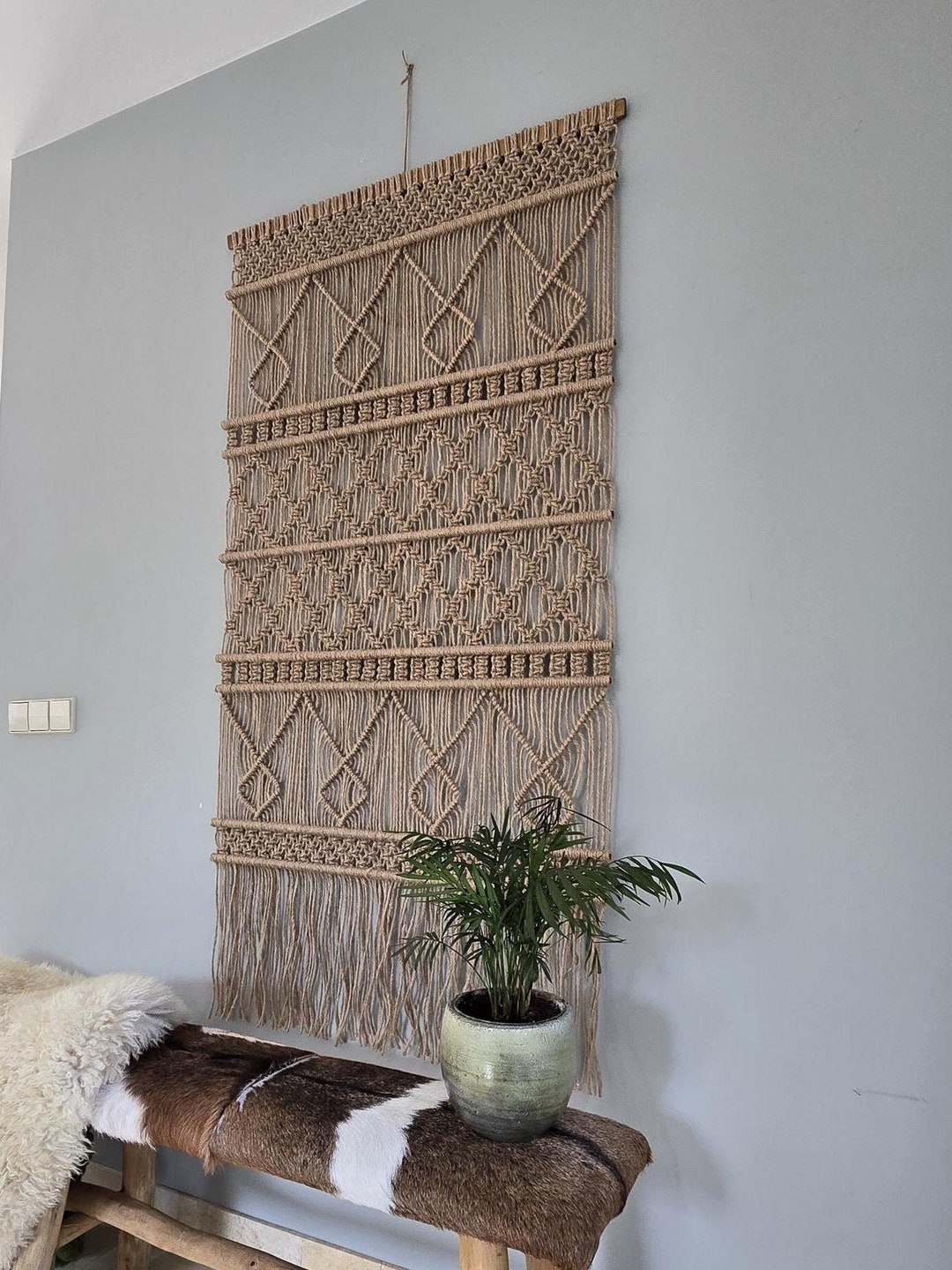 Colored Macrame Wall Hanging Macramé Wandkleed Bohemian - Natuurlijk Katoenen Wanddecoratie Met Kwastjes (Groen, 55x75 Cm) Bohemian Wanddecoratie 50.7x69.5 Cm Katoen Groen Kwastjes