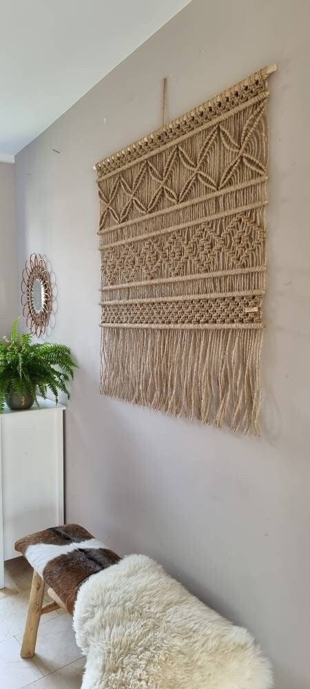 Macramé wandbehang Creatief handgeweven tapijt, beige en roze katoenen touw geweven wanddecoraties (Size : 70x80cm/27.6x31.5in