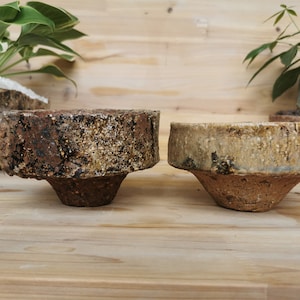 May include: Two ceramic planters with a rustic, textured finish. The planter on the left is brown with a speckled glaze, while the planter on the right is a light beige with a speckled glaze.