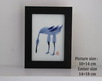 Handmade Blue and White Porcelain Crane Tile Art - Framed