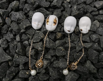 Handmade Ceramic Face Earrings: Gold Detail, Pearl Dangle