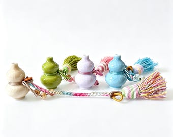 Handmade Ceramic Gourd Bag Charm, Colorful Tassel Purse Charm, Chinese Lucky Charm, Unique Handcrafted Bag Accessory, Artisan Gift