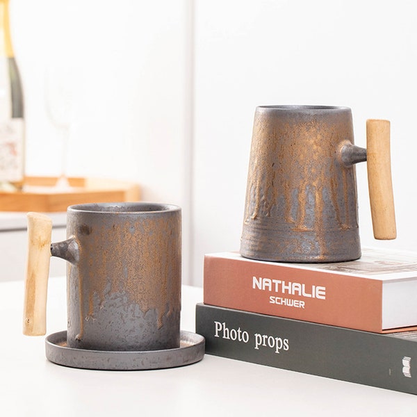 20 ozExtra large capacity Ceramic wooden handle mug,vintage mug,Stoneware mug,Provide personalized lettering service to become a Unique gift