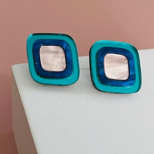 Diamond Shape Stud Earrings - Tiles Studs - Teal/Blue/Pink