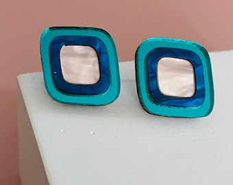 Tiles Studs - Teal/Blue/Pink