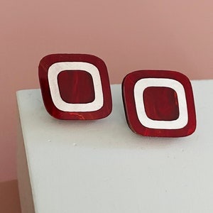 Diamond Shaped Stud Earrings - Tiles Studs - Red/White/Red