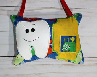 Personalized Children's tooth fairy pillow. Monster fabric tooth pillow