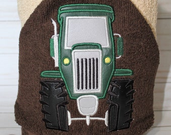 Personalized Green Tractor Machine Embroidered Hooded Towel Peeker. Bathtime. Swimming. Farming