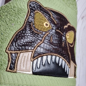 Personalized T-Rex Hooded Towel Peeker. Machine Embroidered dinosaur image 2