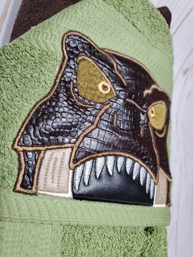 Personalized T-Rex Hooded Towel Peeker. Machine Embroidered dinosaur image 2