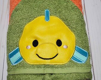 Personalized Flounder Hooded Towel Peeker. Machine Embroidered Flounder