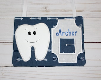 Personalized Tooth Fairy Pillow. Kids Blue with White arrow print fabric tooth holder.