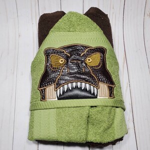 Personalized T-Rex Hooded Towel Peeker. Machine Embroidered dinosaur image 3