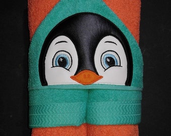 Personalized Penguin Machine Embroidered Hooded Towel Peeker. Bathtime. Swimming.