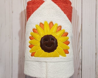 Personalized Sunflower Machine Embroidered Hooded Towel Peeker. Bathtime. Swimming.