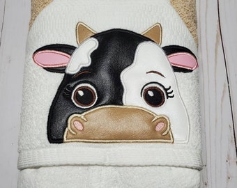 Personalized Cow Hooded Towel Peeker. Machine Embroidered cow