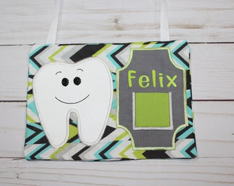 Personalized Tooth Fairy Pillow. Kids Green, Blue, Gray zig zag print Fabric tooth holder