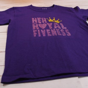 Her Royal Fiveness Purple & Gold Glitter birthday child short sleeve t-shirt. Princess Theme Party Shirt image 3
