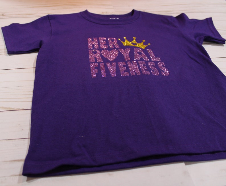 Her Royal Fiveness Purple & Gold Glitter birthday child short sleeve t-shirt. Princess Theme Party Shirt image 3