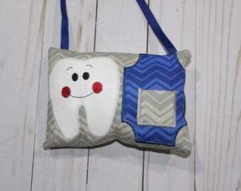 Personalized kids tooth fairy pillow. Gray and blue chevron fabric Hanging Tooth Fairy Pillow