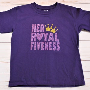 Her Royal Fiveness Purple & Gold Glitter birthday child short sleeve t-shirt. Princess Theme Party Shirt image 1