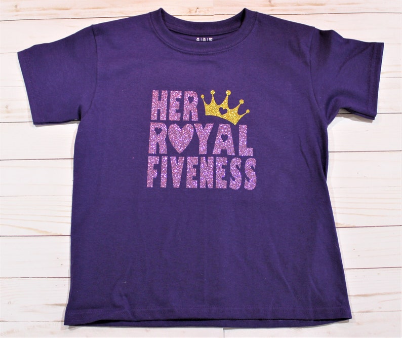 Her Royal Fiveness Purple & Gold Glitter birthday child short sleeve t-shirt. Princess Theme Party Shirt image 1