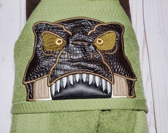 Personalized T-Rex Hooded Towel Peeker. Machine Embroidered dinosaur