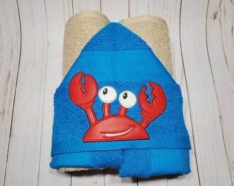 Personalized Crab Hooded Towel Peeker. Machine Embroidered Crab