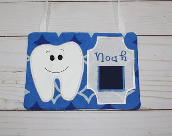 Personalized Tooth Fairy Pillow. Kids Blue white diamond print fabric tooth holder.