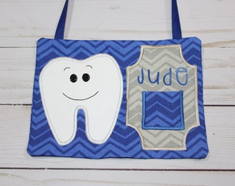 Personalized Tooth Fairy Pillow. Kids Blue and Gray Chevron Print Fabric tooth holder