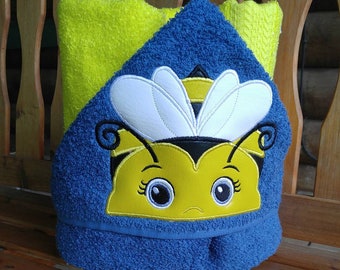 Personalized Yellow Black Bumble Bee Machine Embroidered Hooded Towel Peeker. Bathtime. Swimming. Insect.