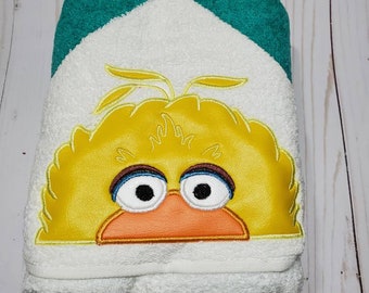 Personalized Big Bird Hooded Towel Peeker. Machine Embroidered Big Bird