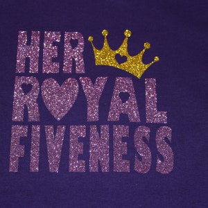 Her Royal Fiveness Purple & Gold Glitter birthday child short sleeve t-shirt. Princess Theme Party Shirt image 2