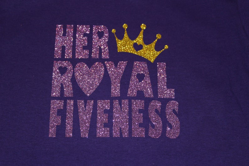 Her Royal Fiveness Purple & Gold Glitter birthday child short sleeve t-shirt. Princess Theme Party Shirt image 2