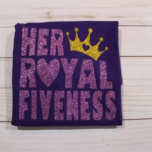 Her Royal Fiveness Purple & Gold Glitter birthday child short sleeve t-shirt. Princess Theme Party Shirt image 4