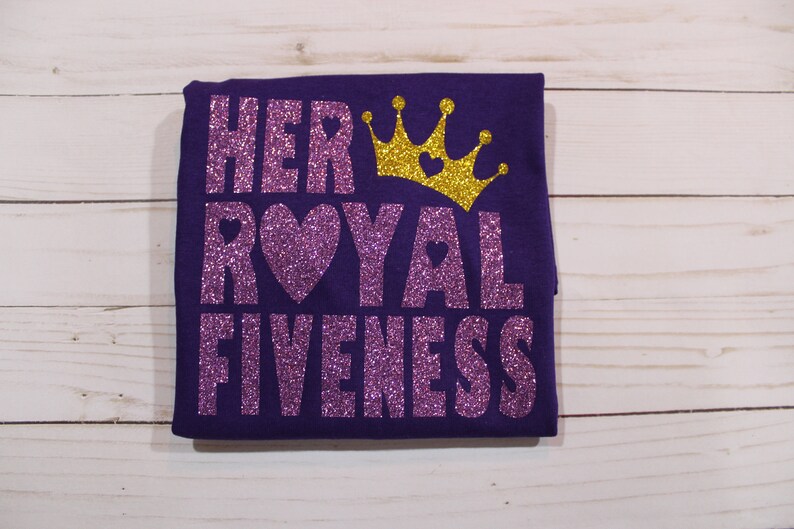 Her Royal Fiveness Purple & Gold Glitter birthday child short sleeve t-shirt. Princess Theme Party Shirt image 4