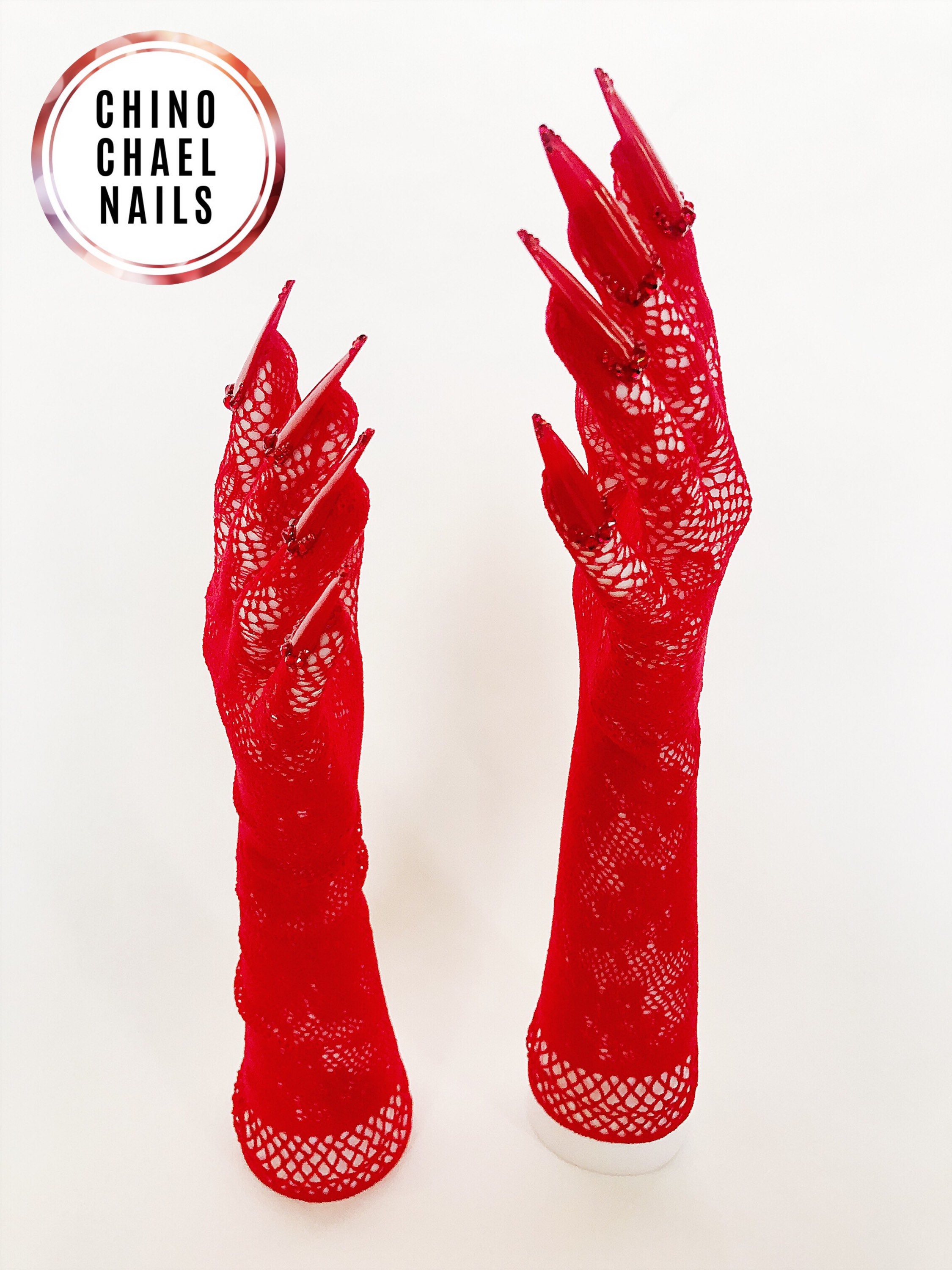 Red nail gloves black lace elbow length with red glass stones Etsy