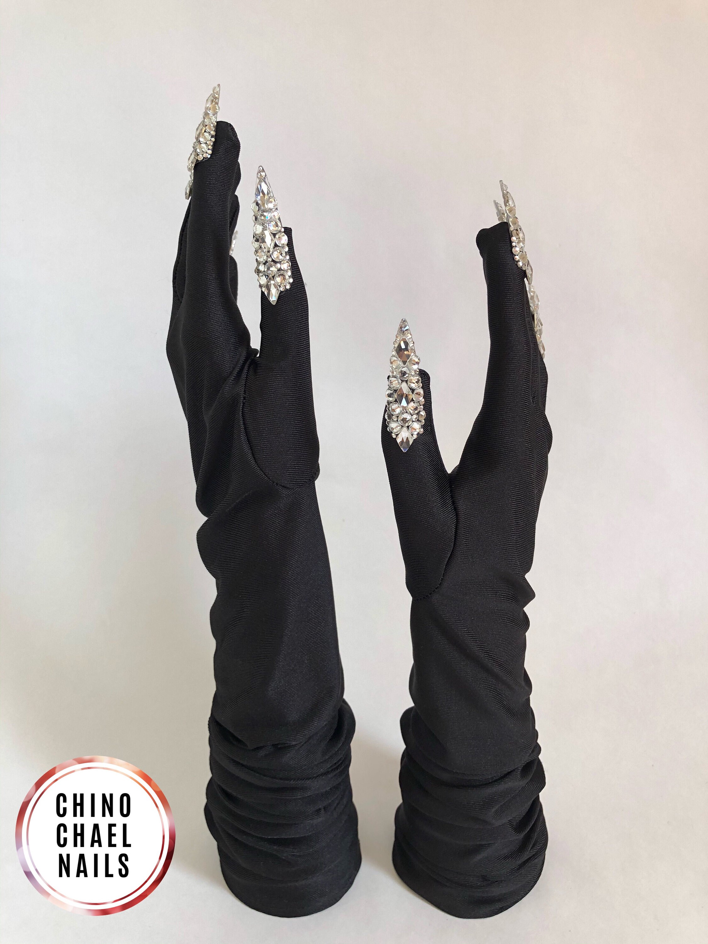Black satin opera length nail gloves with CRYSTAL CLEAR Etsy