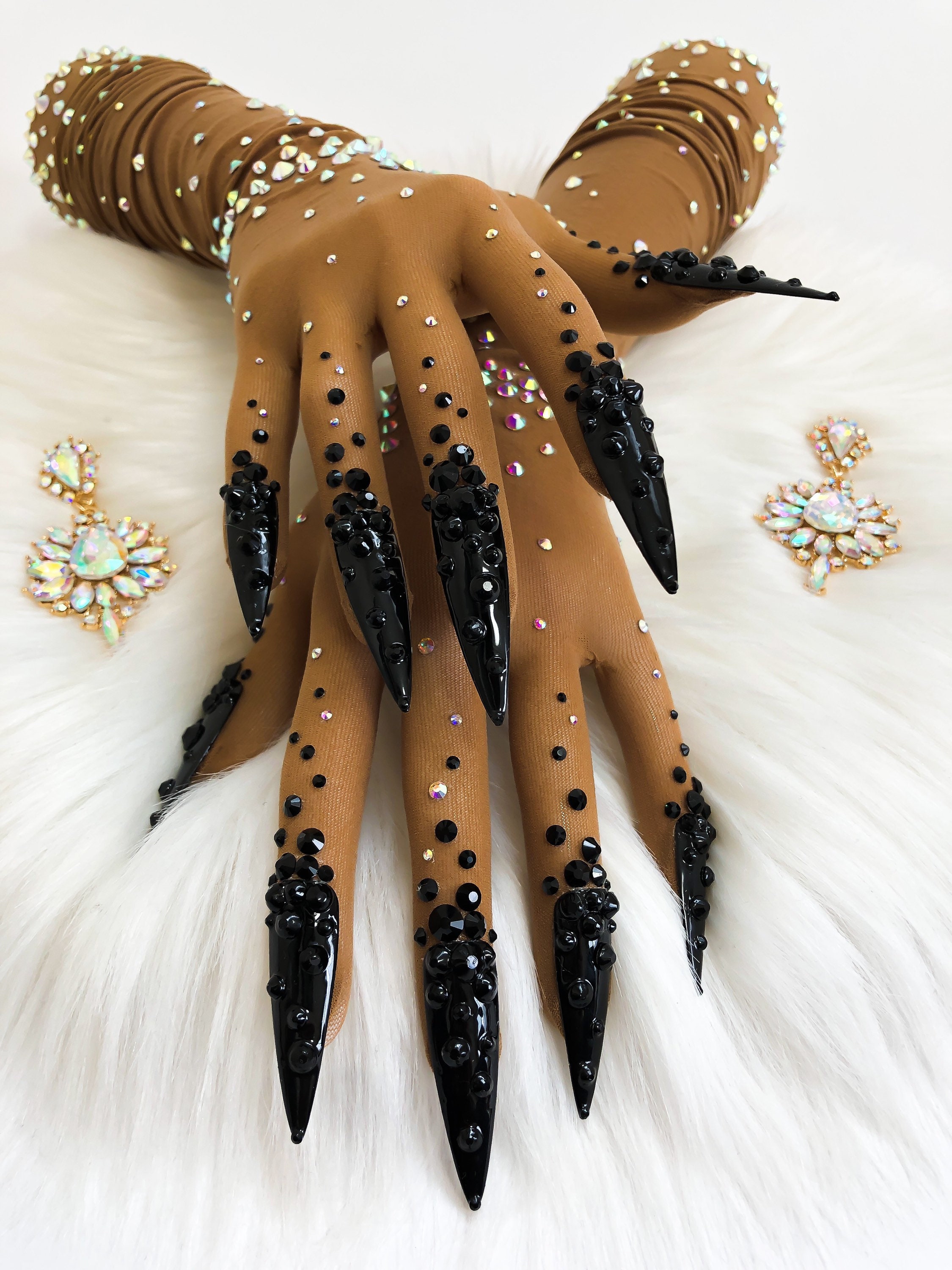 Sheer faux skin nail gloves with black nails and AB glass Etsy